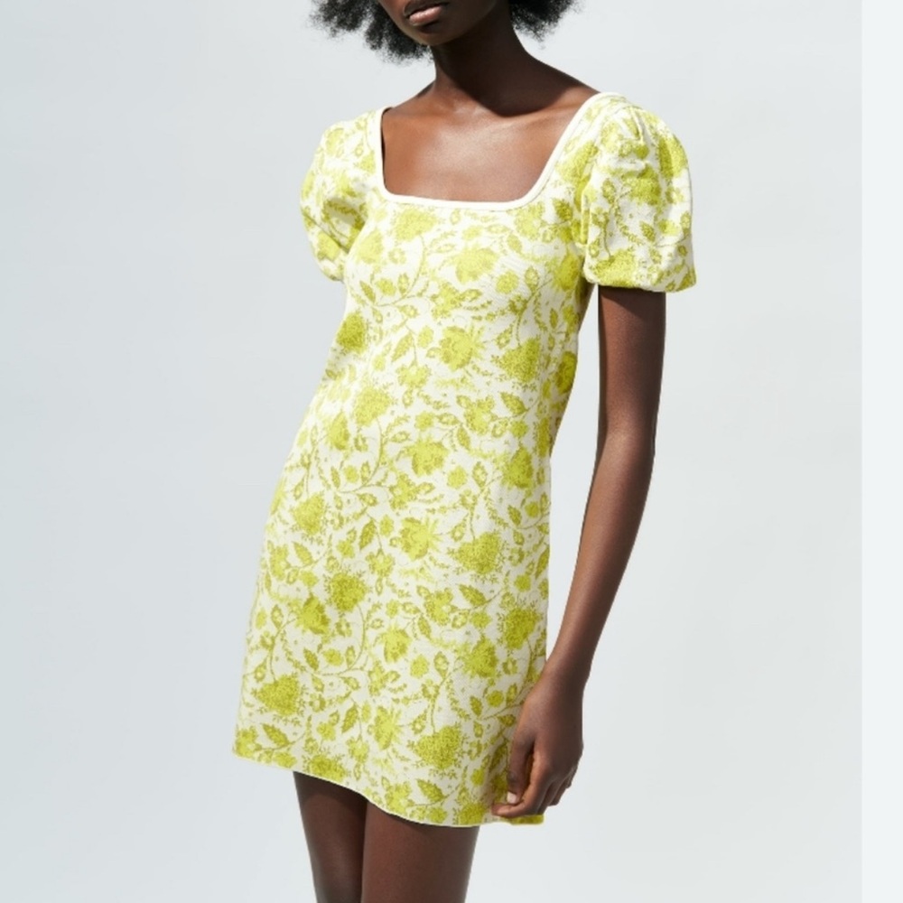 Zara Yellow Floral Square-Neck Puff Sleeve Dress